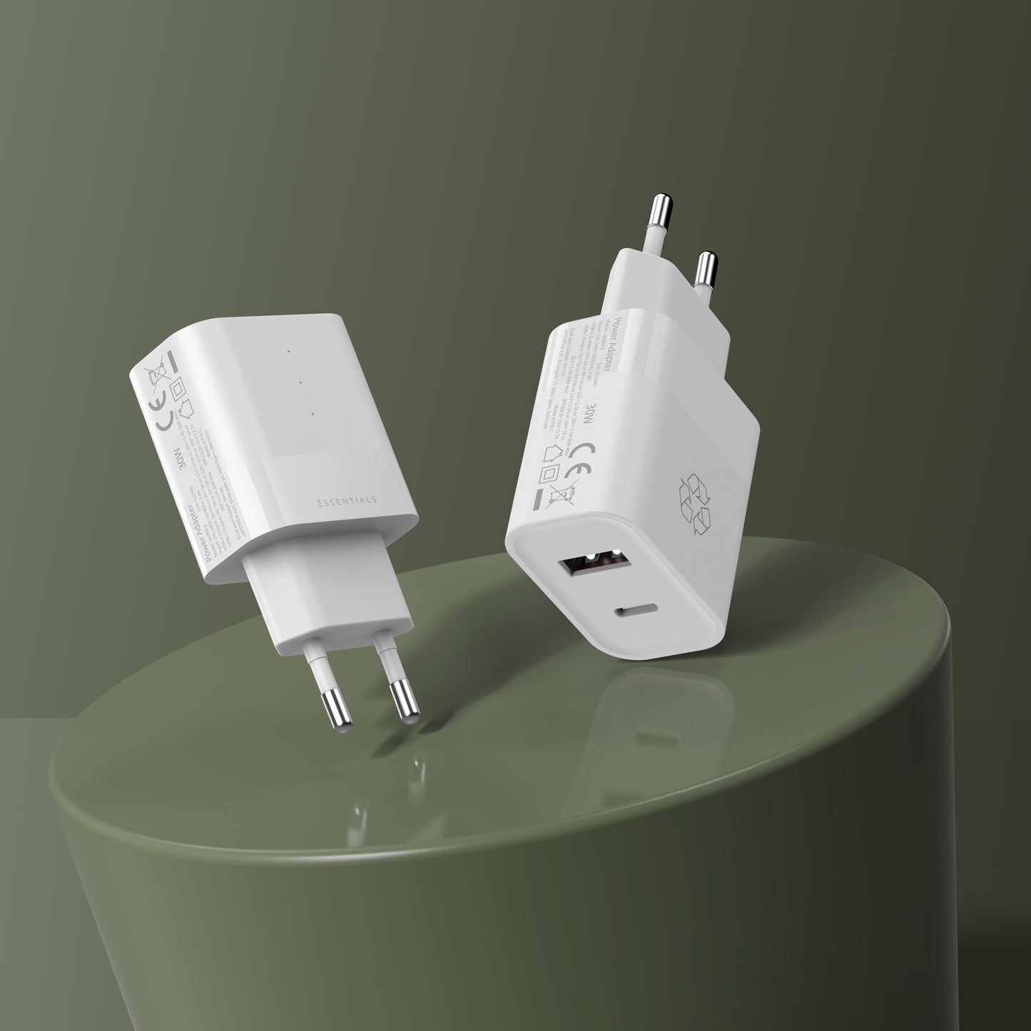 ËSSENTIALS 30W Dual Port USB-A; USB-C Power Adapter